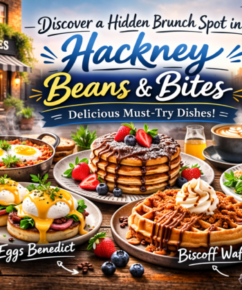 Brunch dishes at Beans & Bites Hackney, including shakshuka and pancakes.