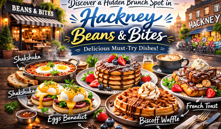 Brunch dishes at Beans & Bites Hackney, including shakshuka and pancakes.