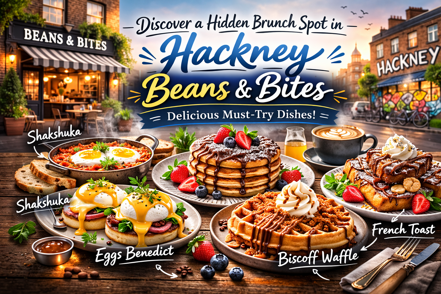 Brunch dishes at Beans & Bites Hackney, including shakshuka and pancakes.