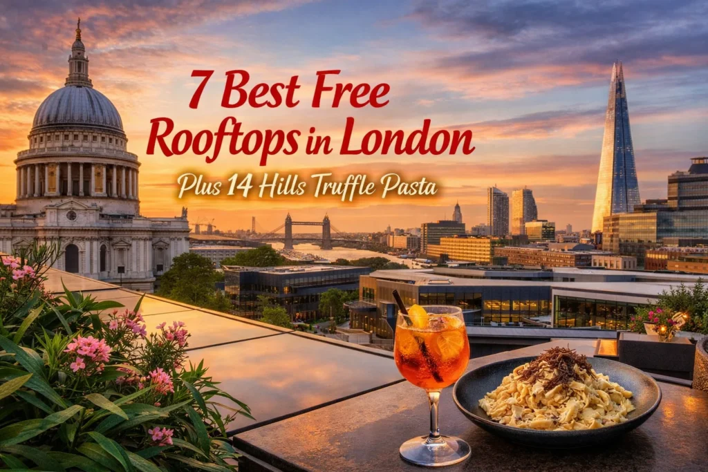 London rooftop sunset with cocktails