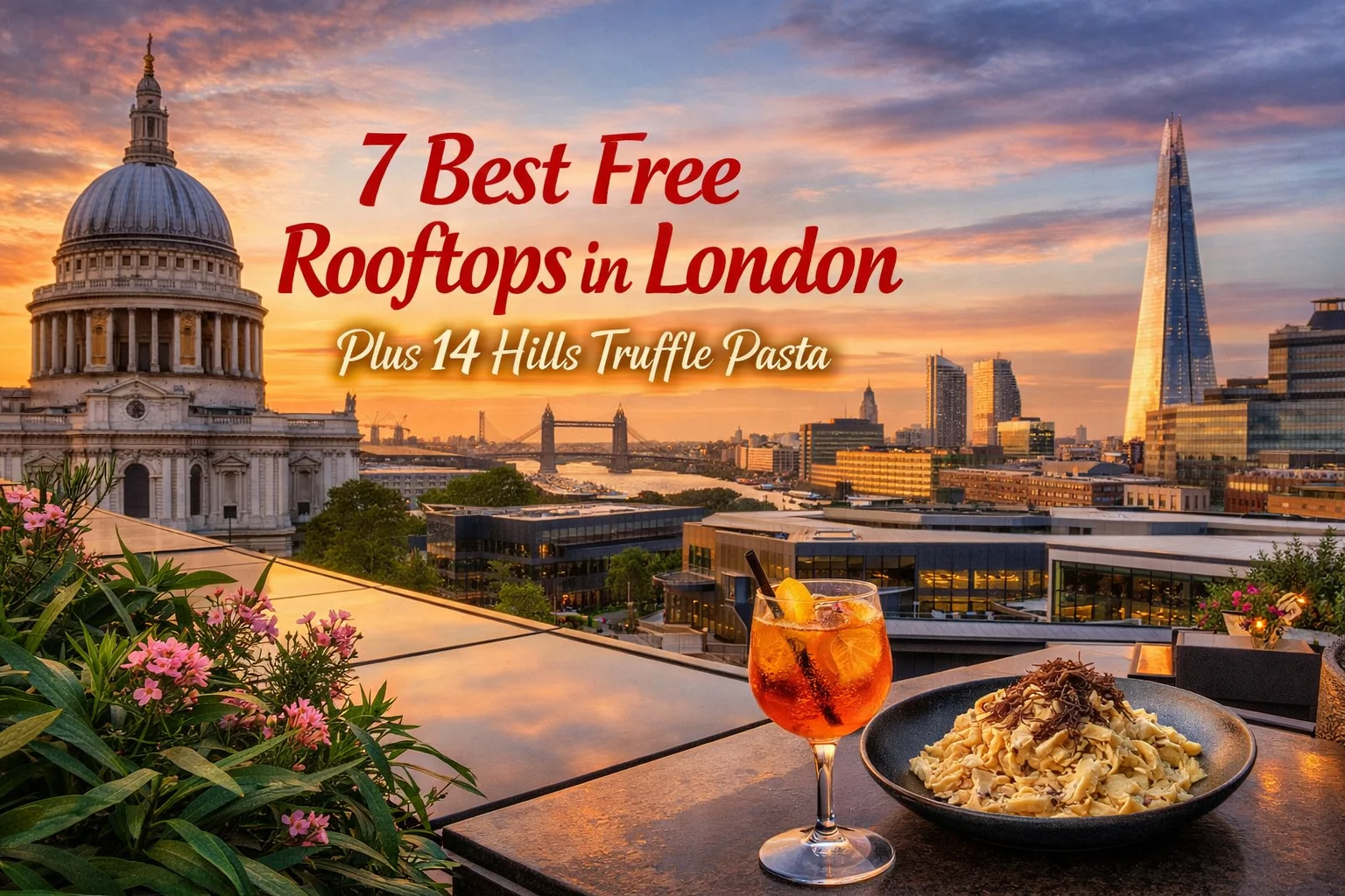 London rooftop sunset with cocktails