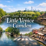 A photograph captures a panoramic view of a canal