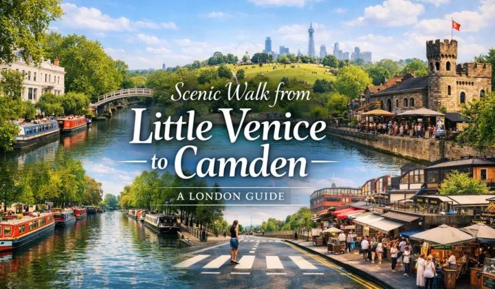 A photograph captures a panoramic view of a canal