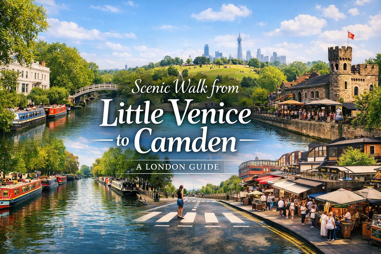 A photograph captures a panoramic view of a canal