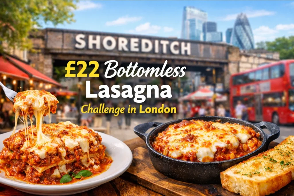 Bottomless lasagna london, A fork lifting a slice of cheesy lasagna with a pull, alongside a small cast-iron skillet of bubbling lasagna and garlic bread, with text overlay reading '£22 Bottomless Lasagna Challenge in London'.
