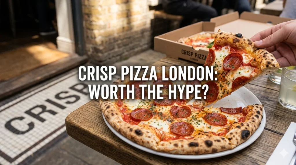 Crisp pizza london review, A person lifting a slice of pepperoni pizza from a takeaway box, with the text overlay 'CRISP PIZZA LONDON: WORTH THE HYPE?