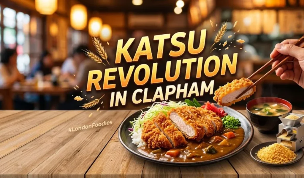 Katsuro clapham katsu review, "A piece of golden-fried chicken katsu being dipped in sauce, with a plate of curry rice and miso soup, with the text overlay 'KATSU REVOLUTION IN CLAPHAM'."