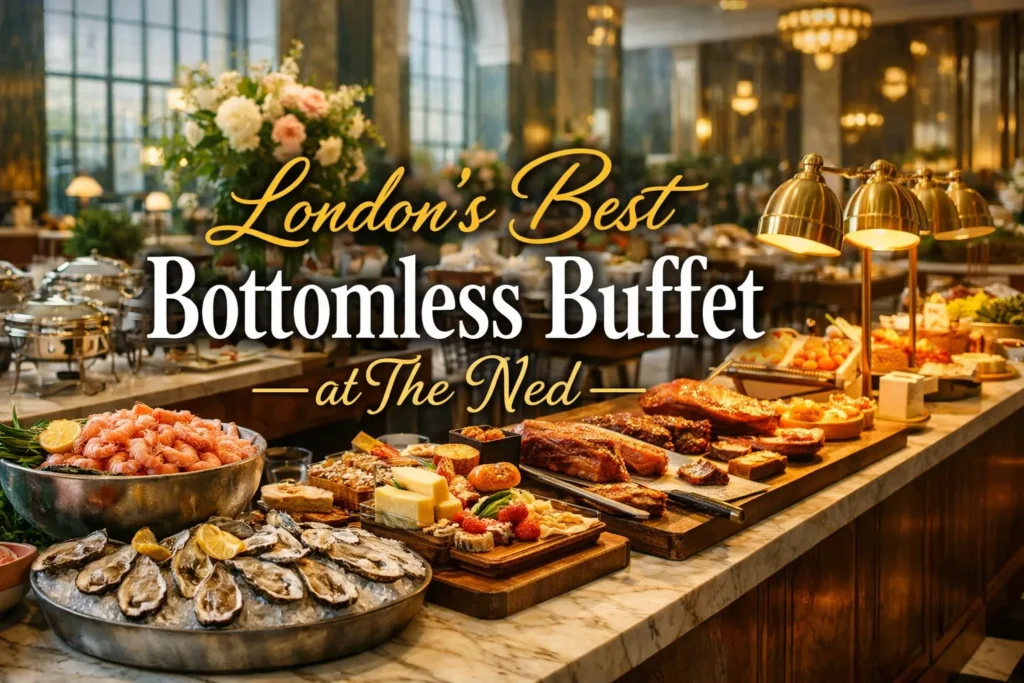 A lavish spread of food at a bottomless buffet at The Ned, featuring fresh oysters, shrimp, and various gourmet dishes laid out on a long wooden serving table.