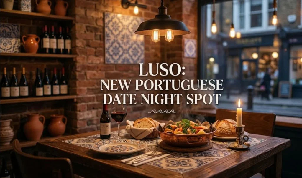 Luso charlotte street portuguese date night, "A cozy, rustic table setting at Luso restaurant featuring a traditional Portuguese dish, a glass of red wine, and a candle, with the text overlay 'LUSO: NEW PORTUGUESE DATE NIGHT SPOT'."
