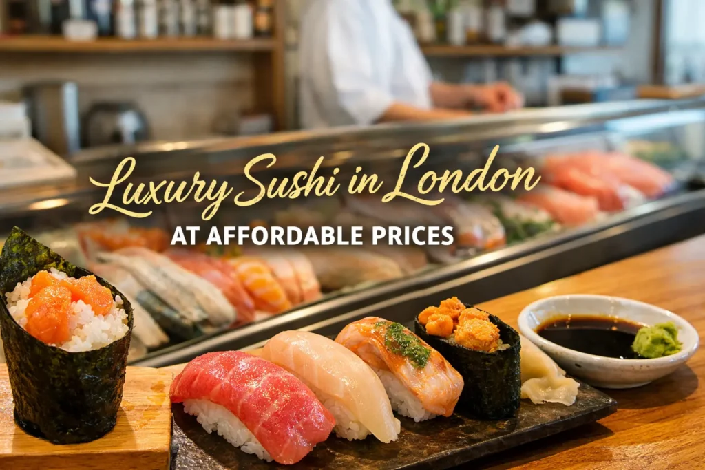 A close-up of fresh sushi rolls and nigiri on a slate platter with soy sauce and wasabi, with text overlay reading 'Luxury Sushi in London AT AFFORDABLE PRICES'.