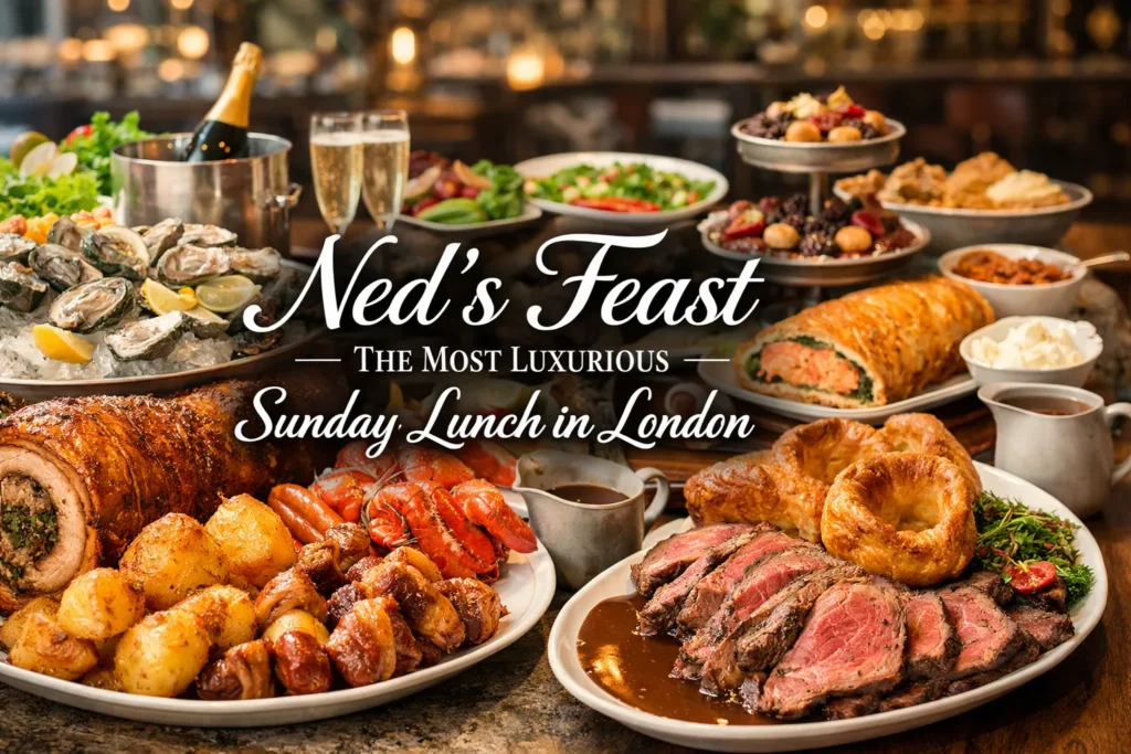 Luxury sunday lunch,"A lavish Sunday lunch spread at The Ned in London, featuring carved roast beef, Yorkshire pudding, roasted potatoes, and fresh seafood.