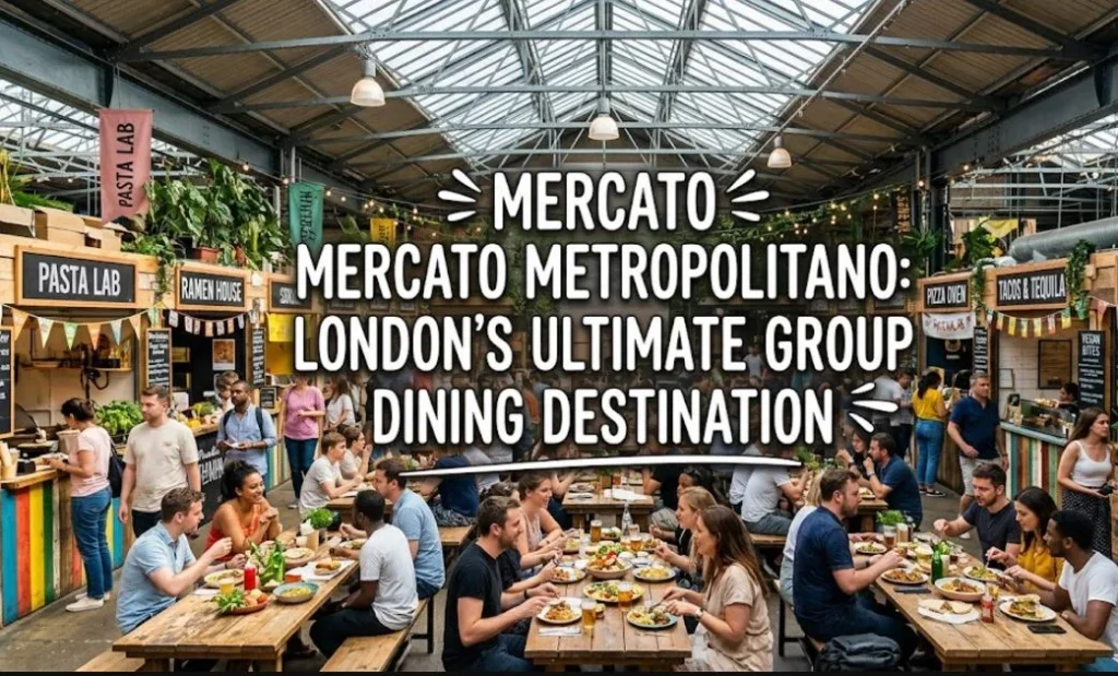 People dining at long communal tables inside Mercato Metropolitano, an indoor food market in London