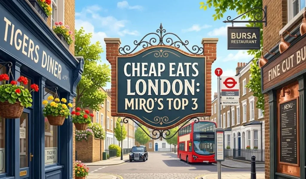 Affordable london restaurants miro, "A charming London street scene with a red bus and the text overlay 'CHEAP EATS LONDON: MIRO'S TOP 3'."