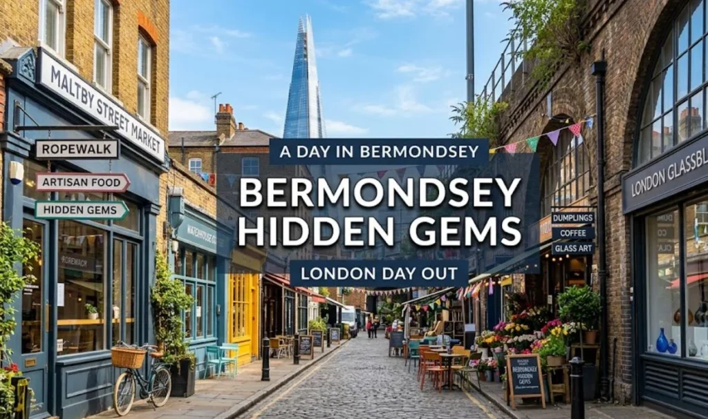 Bermondsey hidden gems guide, The charming Maltby Street Market in Bermondsey, with text overlay reading 'A DAY IN BERMONDSEY: BERMONDSEY HIDDEN GEMS LONDON DAY OUT'."