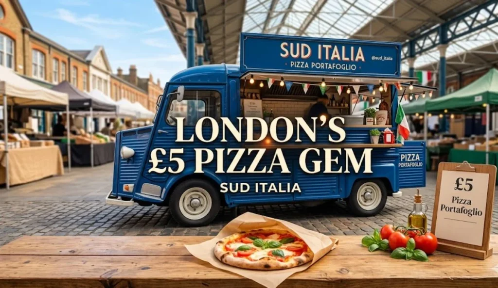 Best london pizza sud italia, "A blue Sud Italia pizza van at a market, featuring the text overlay 'LONDON'S £5 PIZZA GEM'."