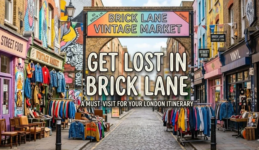 Brick lane vintage market reviwe, "A vibrant street scene at Brick Lane Vintage Market with colorful clothing racks and signage, featuring text overlay 'GET LOST IN BRICK LANE: A MUST-VISIT FOR YOUR LONDON ITINERARY'."