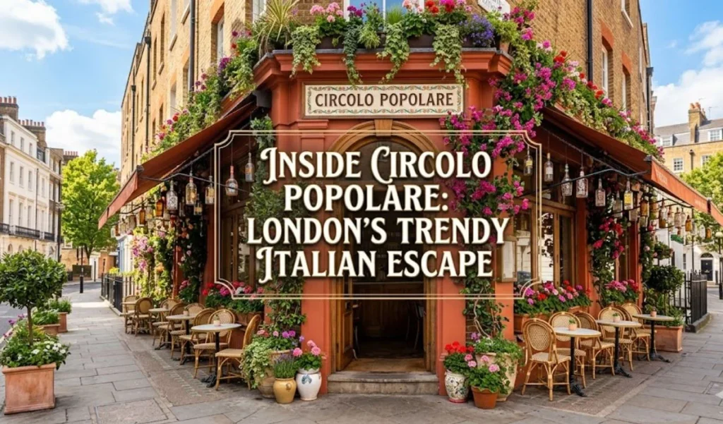 Circolo popolare london review, "The charming, flower-adorned exterior of Circolo Popolare in London, with text overlay reading 'INSIDE CIRCOLO POPOLARE: LONDON'S TRENDY ITALIAN ESCAPE'."