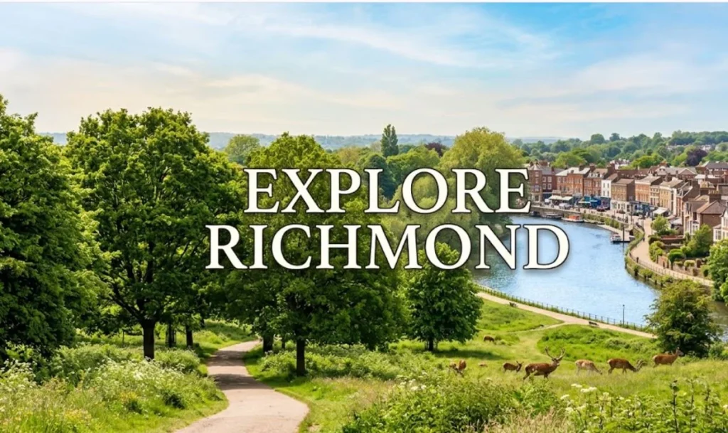 Explore richmond london, "A scenic riverside view of Richmond with lush green parkland, featuring the text overlay 'EXPLORE RICHMOND'."