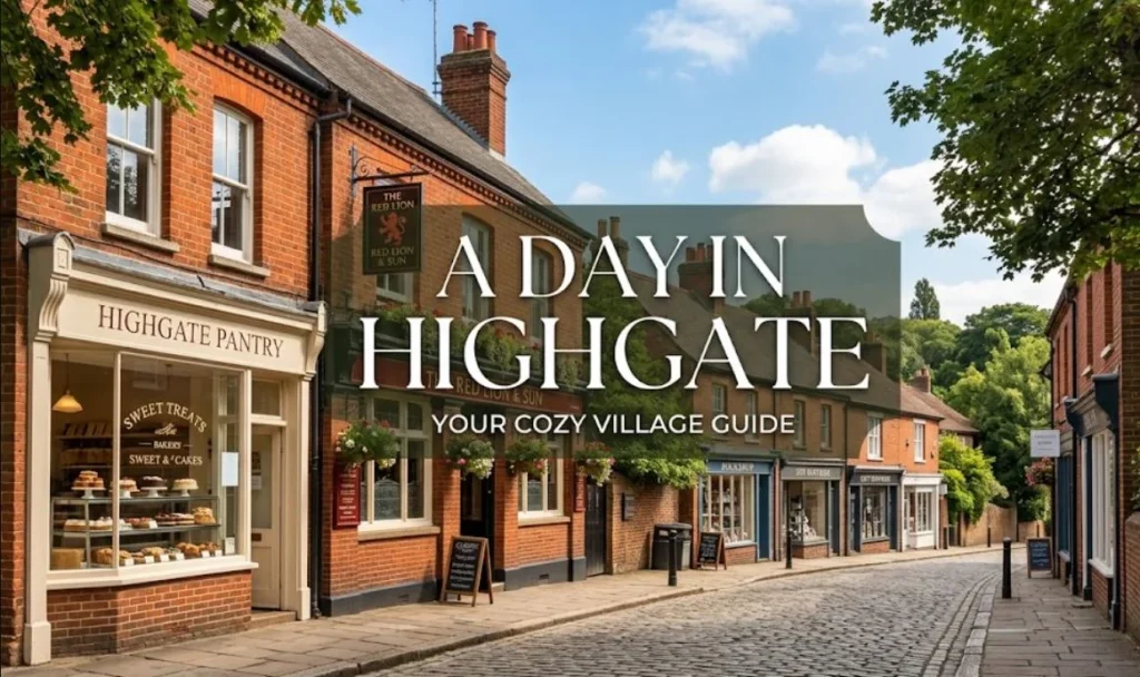 Highgate guide, "The quaint Highgate Pantry storefront and charming street scene, featuring the text overlay 'A DAY IN HIGHGATE: YOUR COZY VILLAGE GUIDE'."