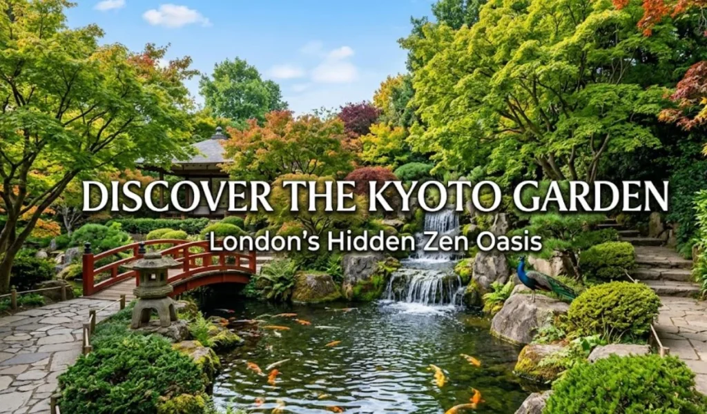 Kyoto garden london guide, The peaceful Kyoto Garden in Holland Park, featuring a stone bridge over a koi pond with a waterfall, and the text overlay 'DISCOVER THE KYOTO GARDEN: LONDON'S HIDDEN ZEN OASIS'."