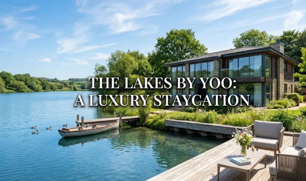 Lakes by yoo cotswolds review, "A modern lakefront house with a small boat and lounge seating, featuring the text overlay 'THE LAKES BY YOO: A LUXURY STAYCATION'."