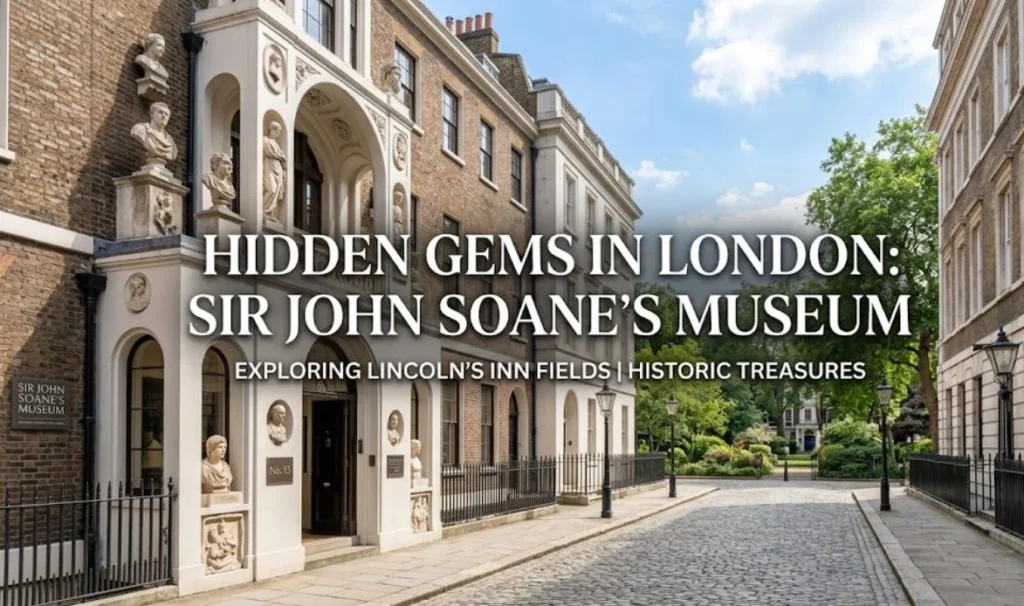 Lincolns inn fields london hidden gem, "The historic exterior of Sir John Soane's Museum on Lincoln's Inn Fields, with text overlay 'HIDDEN GEMS IN LONDON: SIR JOHN SOANE'S MUSEUM - EXPLORING LINCOLN'S INN FIELDS | HISTORIC TREASURES'."