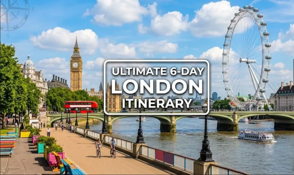 London 6 day itinerary guide, Iconic London landmarks including Big Ben, the London Eye, and a red double-decker bus, featuring the text overlay 'ULTIMATE 6-DAY LONDON ITINERARY'."