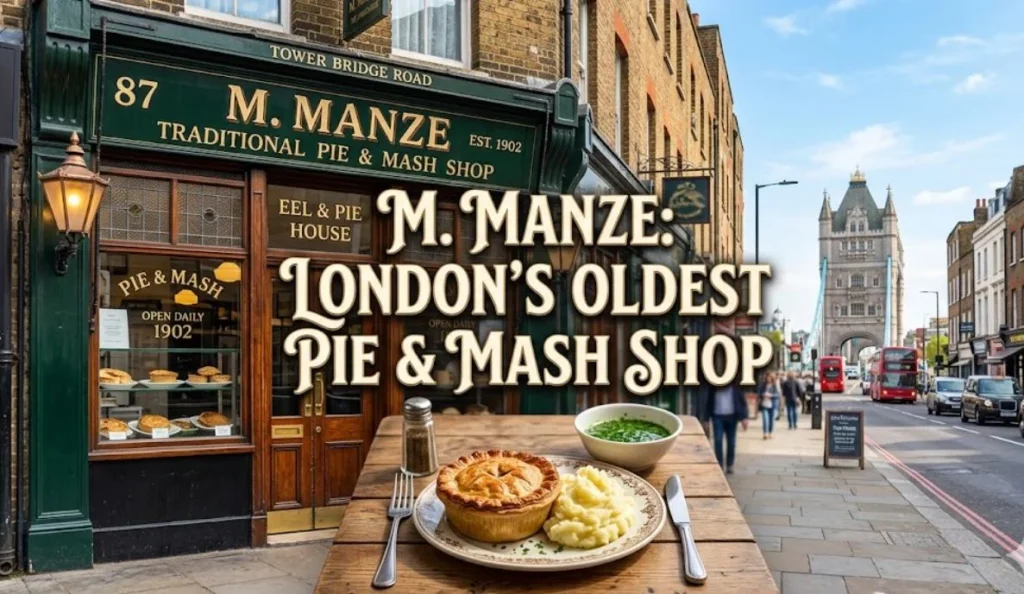 M manze pie and mash london, The classic M. Manze shopfront on Tower Bridge Road with a traditional meal of pie and mash, featuring the text overlay 'M. MANZE: LONDON'S OLDEST PIE & MASH SHOP'."