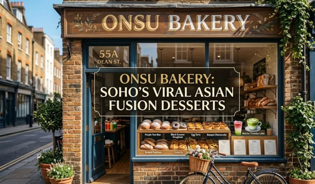 Onsu bakery, "The storefront of Onsu Bakery on Dean Street, featuring a display of pastries and the text overlay 'ONSU BAKERY: SOHO’S VIRAL ASIAN FUSION DESSERTS'."