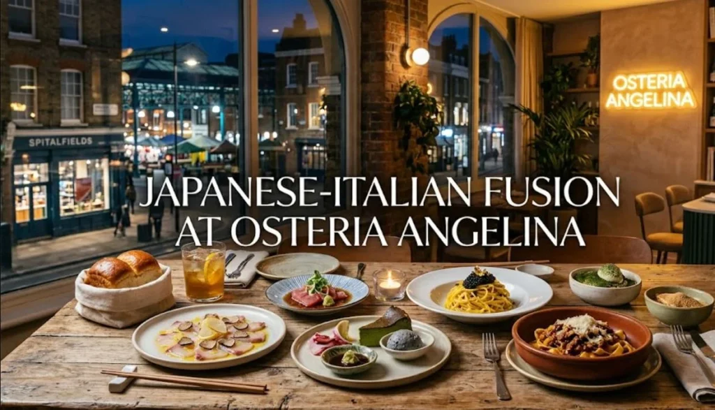 Osteria angelina london, "A table spread with various Japanese-Italian fusion dishes at Osteria Angelina in Spitalfields, with text overlay reading 'JAPANESE-ITALIAN FUSION AT OSTERIA ANGELINA'."