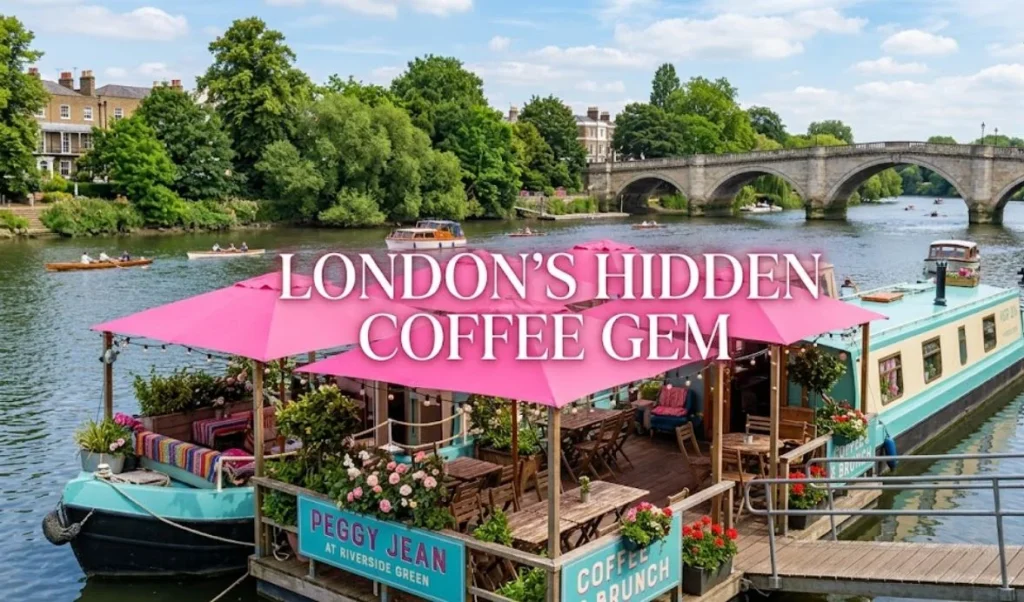 Peggy jean riverside london, "Peggy Jean barge on the Thames with outdoor seating, featuring text overlay 'LONDON'S HIDDEN COFFEE GEM'."