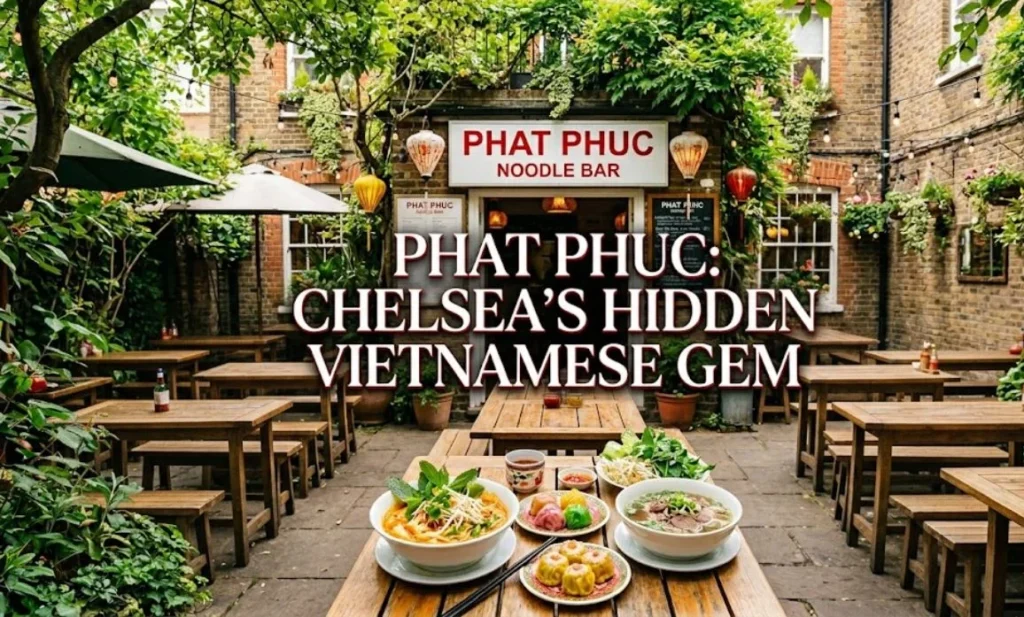 Phat phuc chelsea review, "A spread of Vietnamese dishes on a wooden table at Phat Phuc Noodle Bar in Chelsea, with text overlay reading 'PHAT PHUC: CHELSEA'S HIDDEN VIETNAMESE GEM'."
