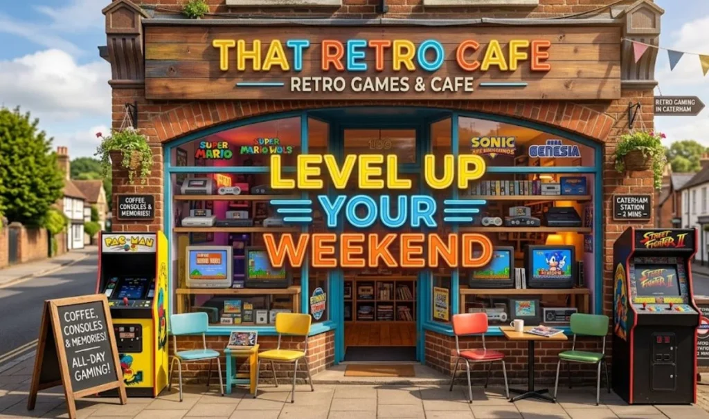 Retro games and cafe, "The inviting entrance of That Retro Cafe featuring arcade games, outdoor seating, and the text overlay 'LEVEL UP YOUR WEEKEND'."