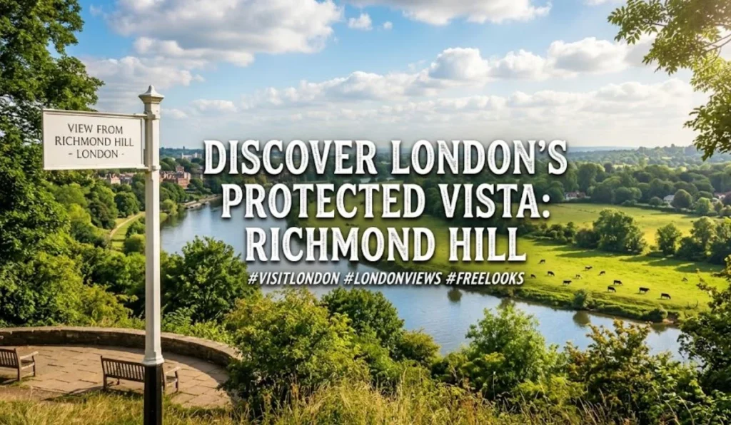 Richmond hill london view, "A picturesque view of the Thames from Richmond Hill with a signpost, featuring text overlay 'DISCOVER LONDON'S PROTECTED VISTA: RICHMOND HILL'."