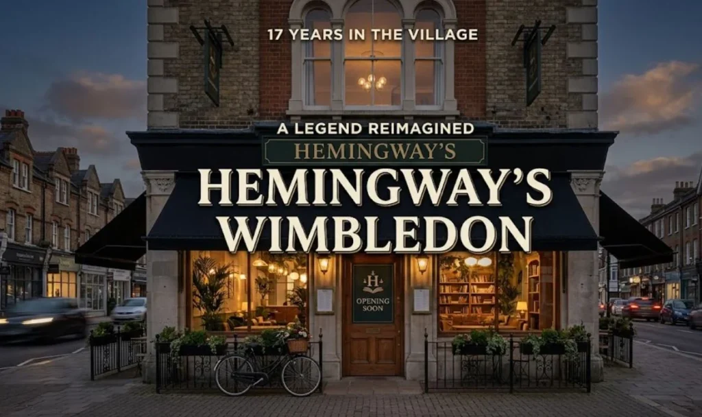 Wimbledon bar rebuild kelly duffy, "The exterior of Hemingway's Wimbledon bar with an 'Opening Soon' sign, text overlay reading '17 YEARS IN THE VILLAGE, A LEGEND REIMAGINED'."